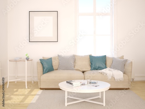 Mock up a living room in Scandinavian style with a classic sofa.