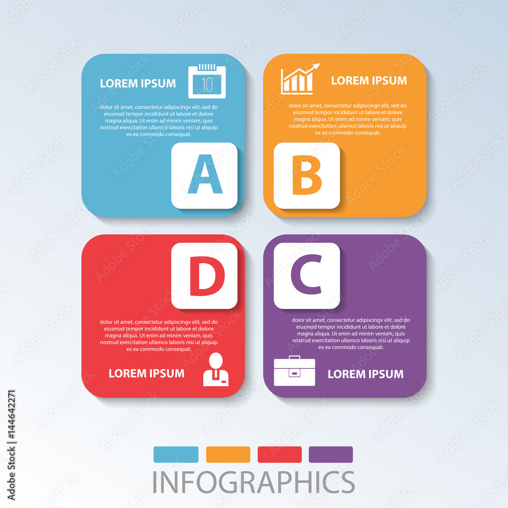 Vector illustration. Template with 4 color rectangles for infographics, business, presentation, web design, startup concept with 3 options, steps. Text and icons