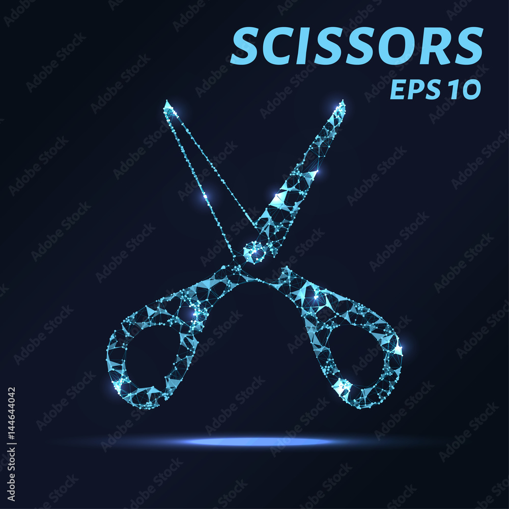 The scissors consists of points, lines and triangles. The polygon shape in the form of a silhouette of scissors on dark background Vector illustration. The scissors consists of points, lines and triangles. The polygon shape in the form of a silhouette of scissors on dark background Vector illustration.