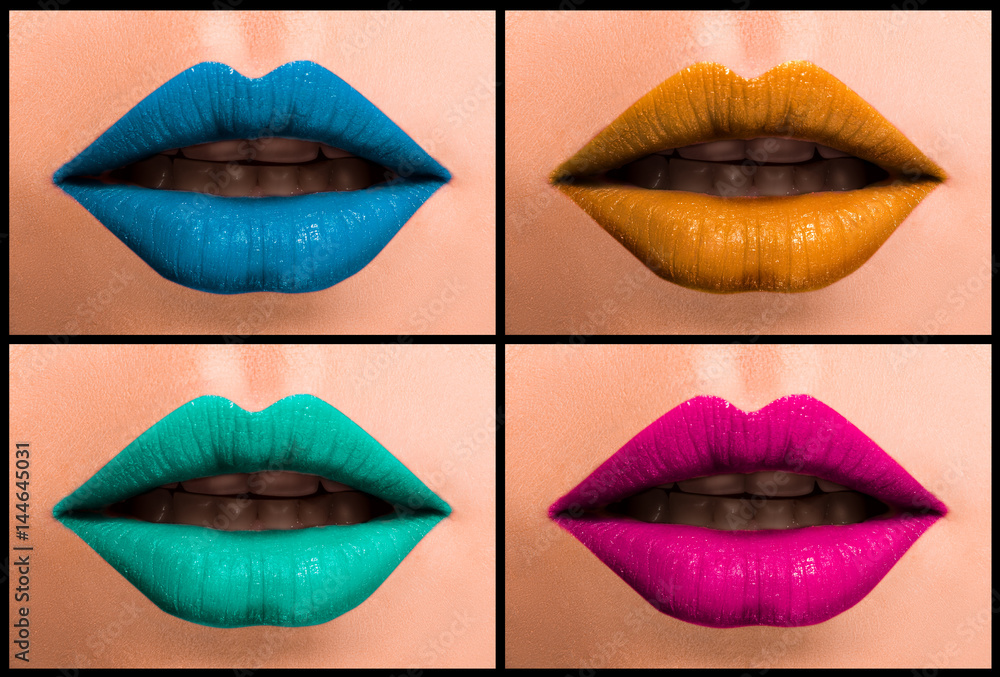 A slightly open mouth, relaxed lips. Set of beautiful female lips close-up, painted in different colors. A slightly open mouth, relaxed lips. Set of beautiful female lips close-up, painted in different colors.