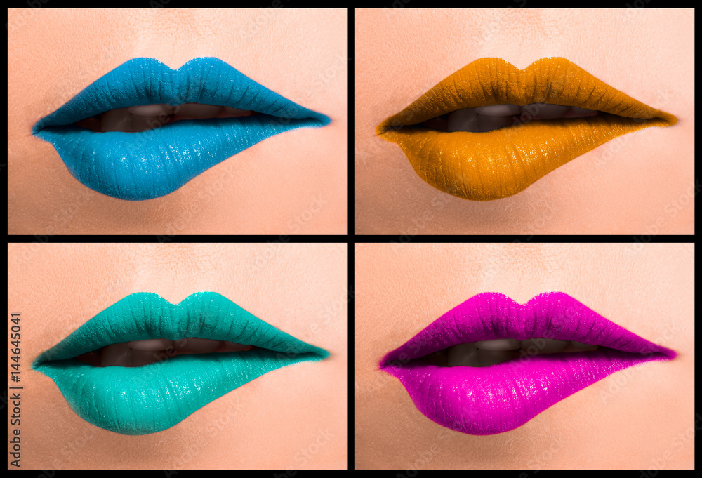 Set of beautiful female lips close-up, painted in different colors. She Bites her lower lip. Set of beautiful female lips close-up, painted in different colors. She Bites her lower lip.