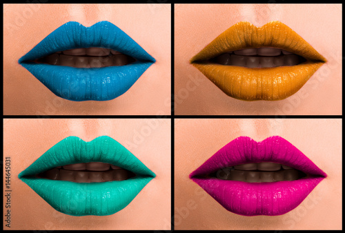 A slightly open mouth, relaxed lips. Set of beautiful female lips close-up, painted in different colors.