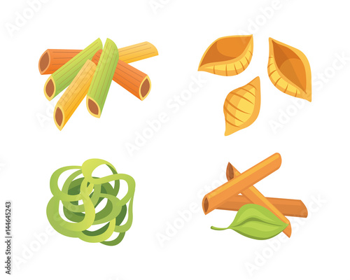 Vector set Italian pasta in cartoon style. Different types and shapes of macaroni with. Ravioli, spaghetti, tortiglioni illustration photo