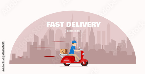 red delivery truck with human worker fast photo