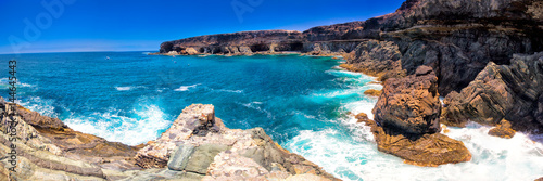 View to Ajuy coastline with vulcanic mountains on Fuerteventura island, Canary Islands, Spain.
