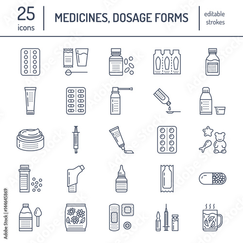 Medicines, dosage forms line icons. Pharmacy medicaments, tablet, capsules, pills, antibiotics, vitamins, painkillers, aerosol spray. Medical threatment health care thin linear signs for drug store photo