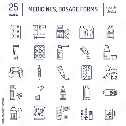 Medicines, dosage forms line icons. Pharmacy medicaments, tablet, capsules, pills, antibiotics, vitamins, painkillers, aerosol spray. Medical threatment health care thin linear signs for drug store