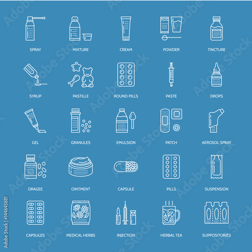 Medicines, dosage forms blue line icons. Pharmacy medicament, tablet, capsules, pills, antibiotics, vitamins, painkillers, aerosol spray. Medical threatment health care thin linear sign for drug store