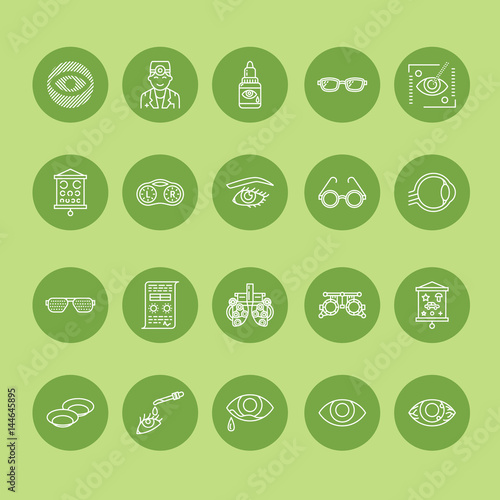 Ophthalmology, eyes health care line icons. Optometry equipment, contact lenses, glasses, blindness. Vision correction thin linear signs for oculist clinic.