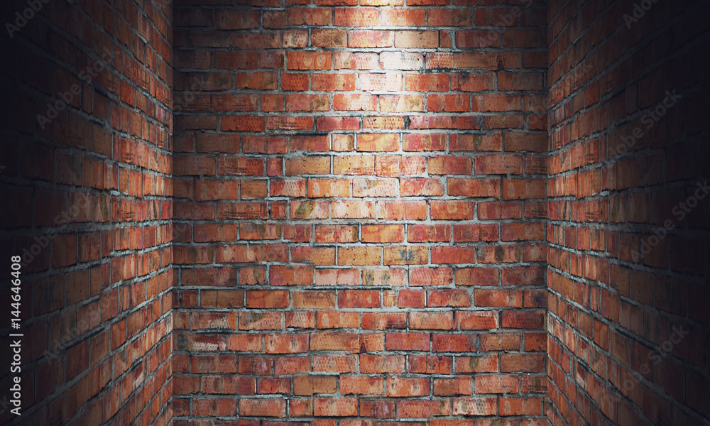 Empty grungy room with red brick wall dead end and spotlight. 3d
