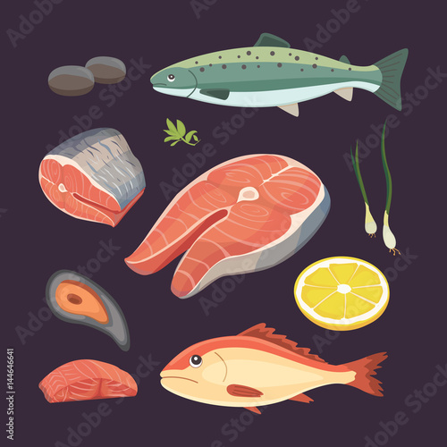 Vector Seafood illustrations set flat fresh fish