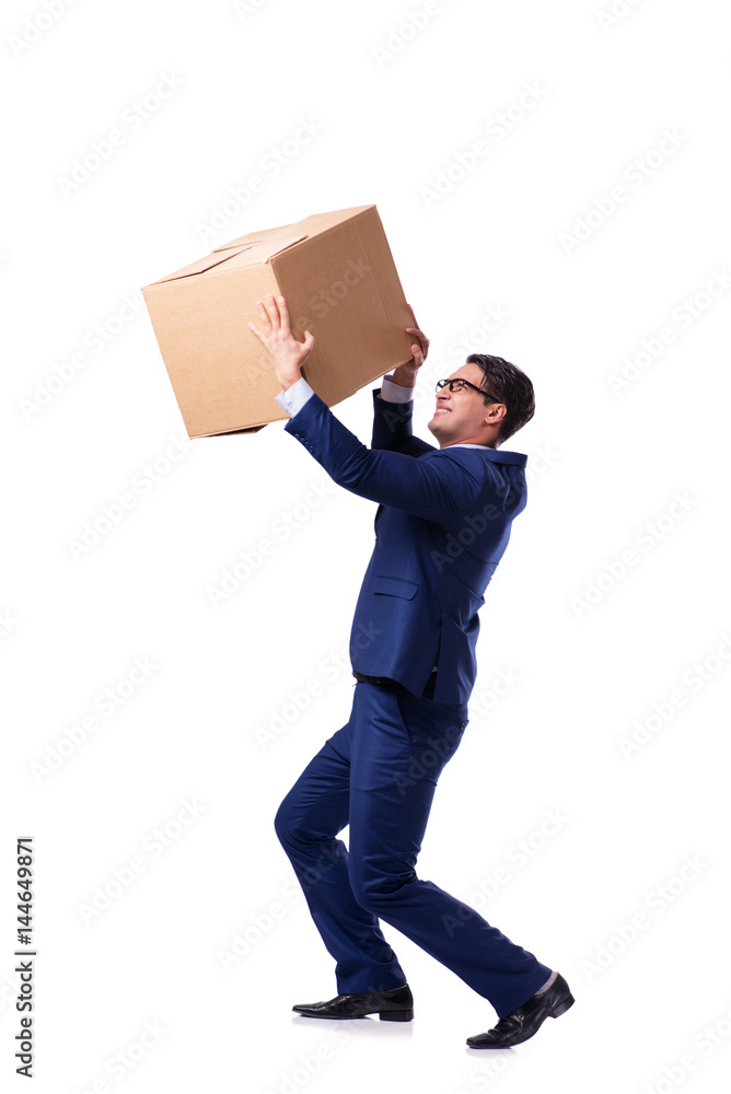 Businessman lifting box isolated on white Businessman lifting box isolated on white
