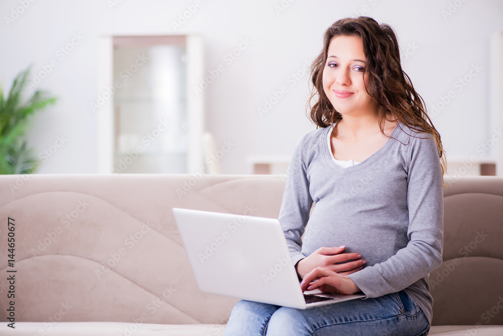 Pregnant woman working on laptop sitting on sofa Pregnant woman working on laptop sitting on sofa