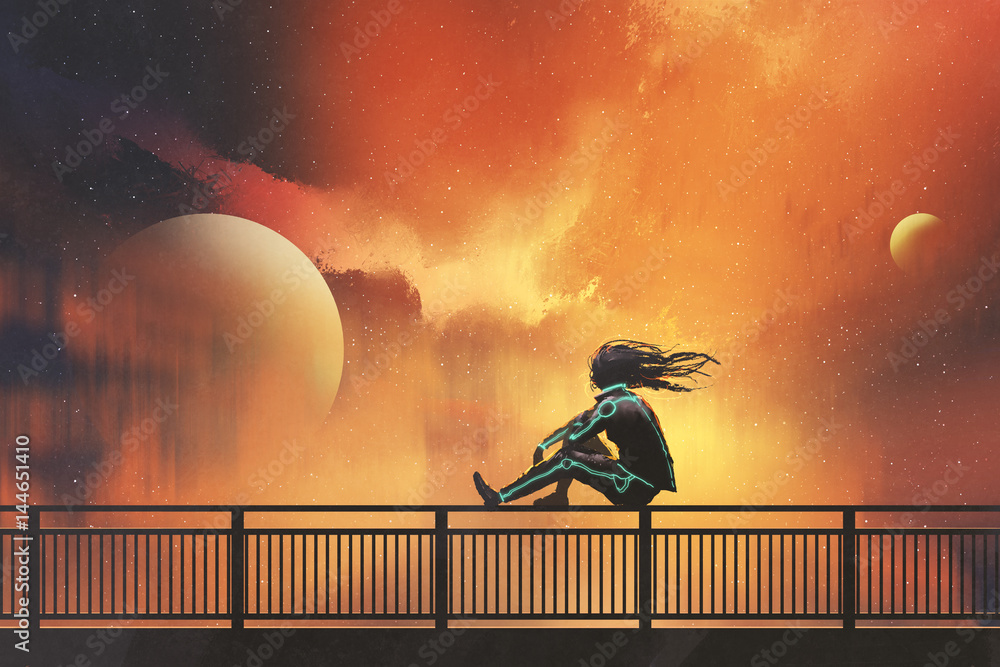 Fototapeta premium woman in futuristic suit sitting on railing looking at beautiful night sky, illustration painting