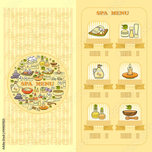 Spa salon Menu card. Set of cute various spa  icons.