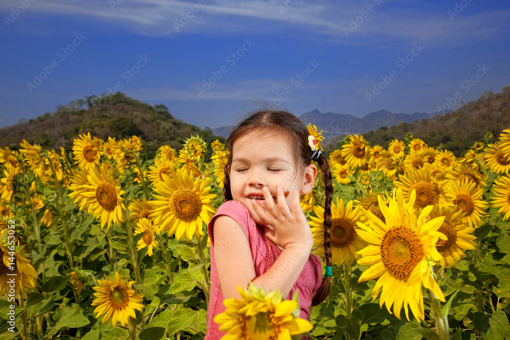 Asian girl walks in a field of sunflowers Asian girl walks in a field of sunflowers