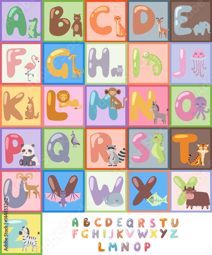 Cute zoo alphabet with cartoon animals isolated and funny letters wildlife learn typography cute language vector illustration.