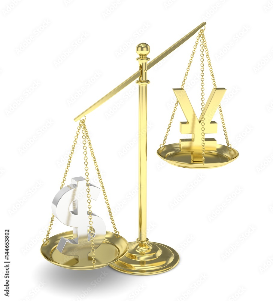 Isolated old fashioned pan scale with dollar and yuan,yen on white background. American and chinese and japanese currency. Dollar is heavier. Silver usd, golden yuan. 3D rendering. Isolated old fashioned pan scale with dollar and yuan,yen on white background. American and chinese and japanese currency. Dollar is heavier. Silver usd, golden yuan. 3D rendering.
