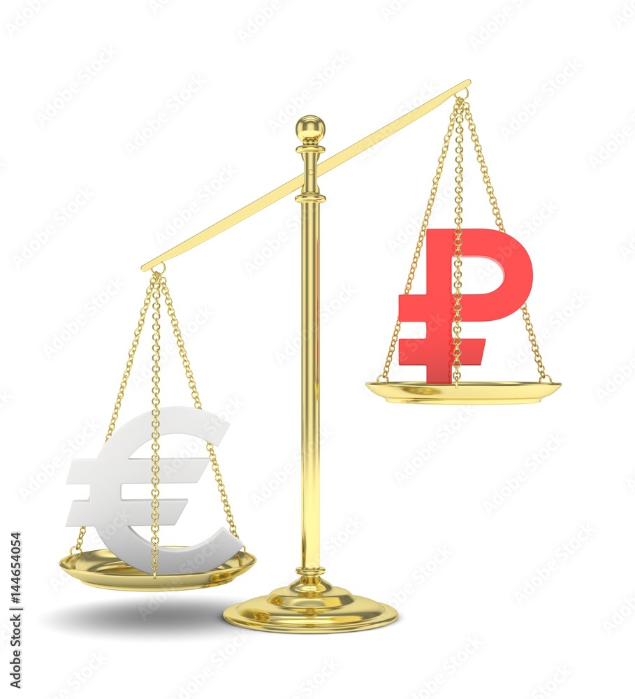 Isolated golden scales with silver euro and red ruble currency. Russian and european finance. Measuring of market stability. 3D rendering. Isolated golden scales with silver euro and red ruble currency. Russian and european finance. Measuring of market stability. 3D rendering.