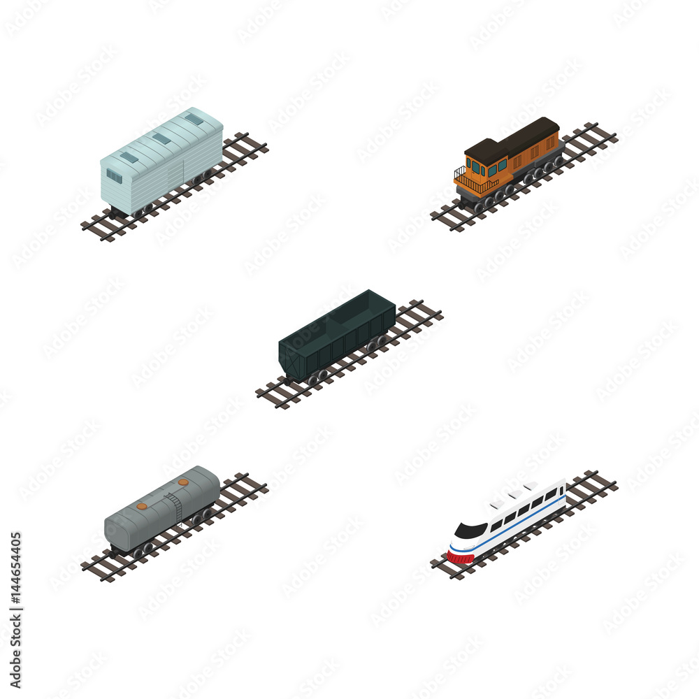 Isometric Train Set Of Oil Wagon, Train, Railroad Carriage And Other ...