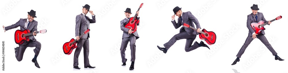 Businessman quitar player isolated on white Businessman quitar player isolated on white