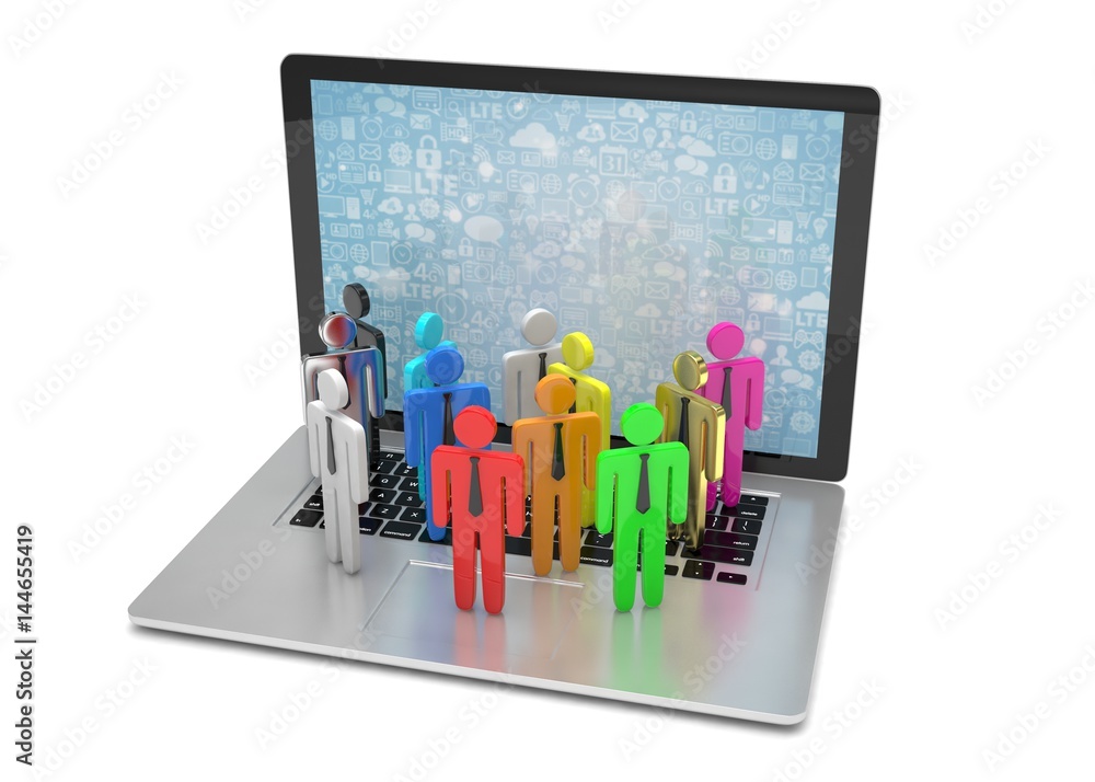 group of people figures on laptop, 3d render group of people figures on laptop, 3d render
