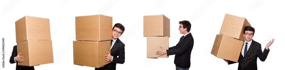 Funny man with boxes isolated on white Funny man with boxes isolated on white