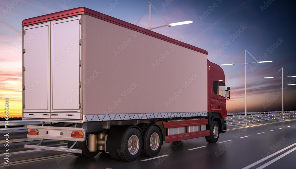 Red Delivery Truck on the Highway at Dusk