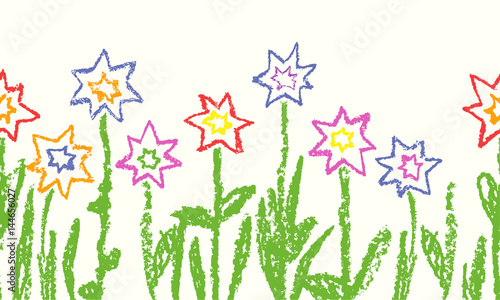 Wax crayon like kid`s hand drawn colorful star flowers with green grass. Seamless like child`s drawn flowers set. Cute painting spring and summer meadow. Vector pastel chalk background banner.