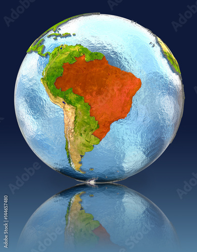 Brazil on globe with reflection