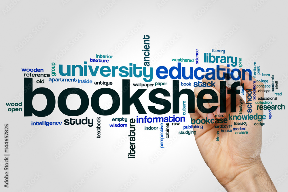Bookshelf word cloud concept on grey background Bookshelf word cloud concept on grey background