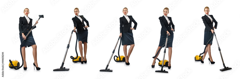 Businesswoman cleaning with vacuum cleaner on white Businesswoman cleaning with vacuum cleaner on white