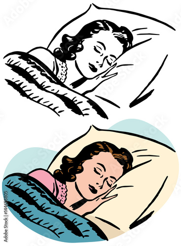 A sleepy woman in bed on her pillow