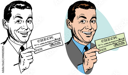 A smiling man holding his paycheck