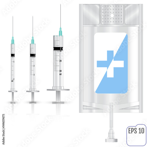 Realistic Intravenous fluid and syringes. Vector illustration