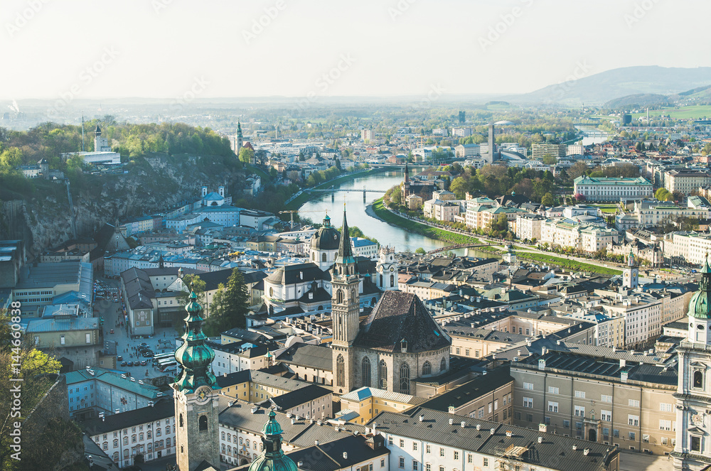 Scenic view over old town center of Salzburg, Austria, and the river from castle hill