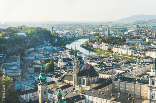 Scenic view over old town center of Salzburg, Austria, and the river from castle hill