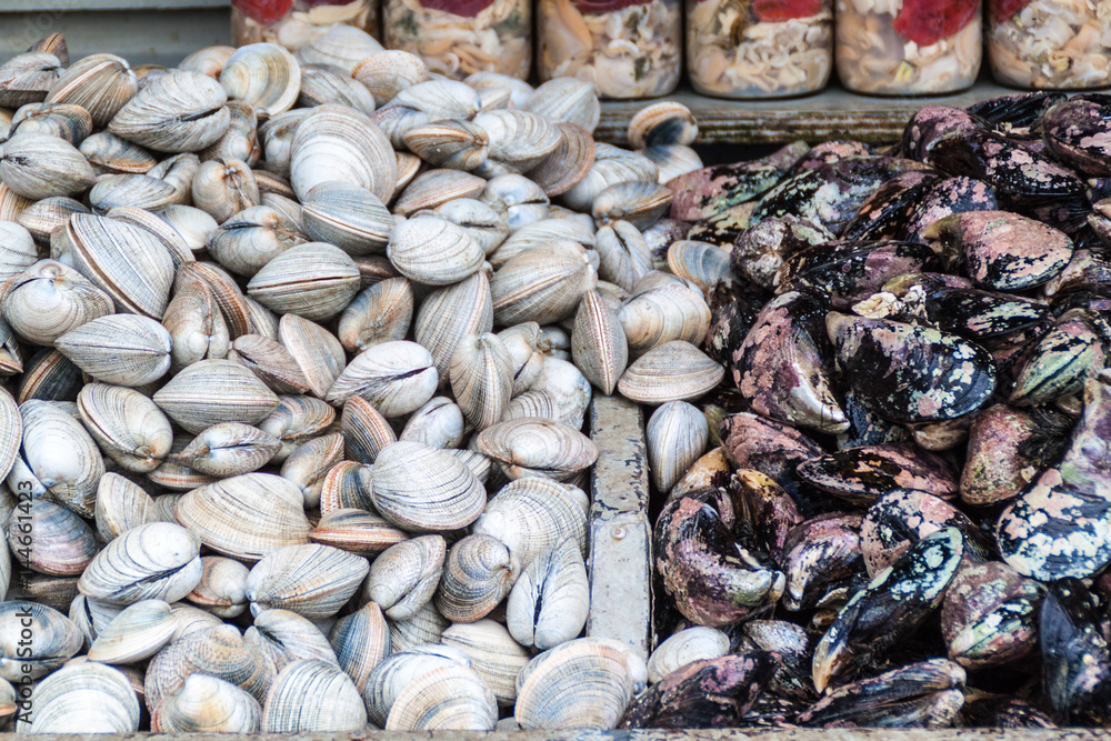 Mussels for sale at the fish market in Puerto Montt, Chile Stock Photo