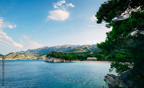 The park Milocer, Villa, beach Queen. Near the island of Sveti Stefan in Montenegro. Wide frame