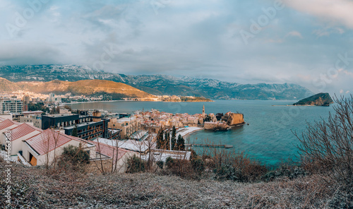 Budva's Old Town in the snow, Montenegro. The coast is covered with snow. An unusual phenomenon.