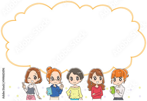 若い女性グループとふきだしのイラスト