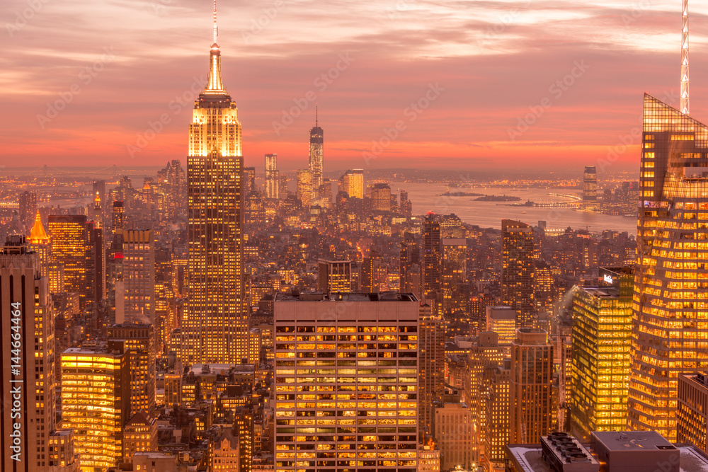 Night view of New York Manhattan during sunset