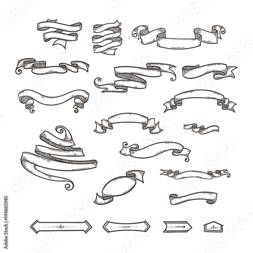 Collection of vintage ribbon, hand drawn doodle set.