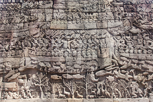 detail of stone carvings Bayon temple, Angkor wat, Cambodia