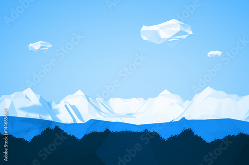 Abstract low poly background with icy mountain and white clouds flying in the air . Early morning sunny illustration with blue sky .