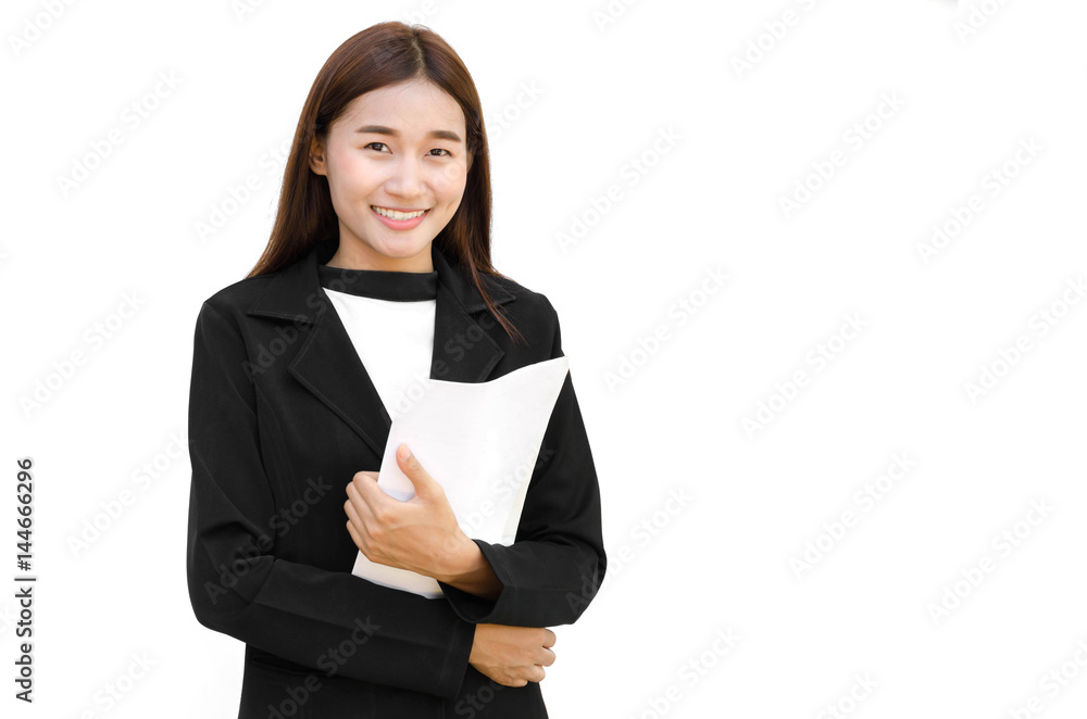 portrait of asian businesswoman isolated on white background and paper sheet portrait of asian businesswoman isolated on white background and paper sheet