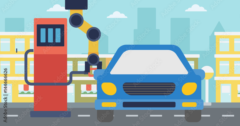 Robot filling up fuel into car at the gas station. Robot filling up fuel into car at the gas station.