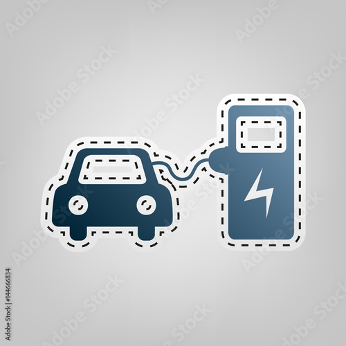 Electric car battery charging sign. Vector. Blue icon with outline for cutting out at gray background.