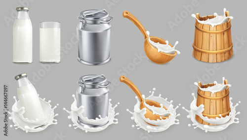 Milk can and splash. Natural dairy products. 3d vector icon set