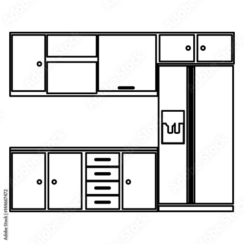 sketch silhouette kitchen interior with cabinets and fridge vector illustration